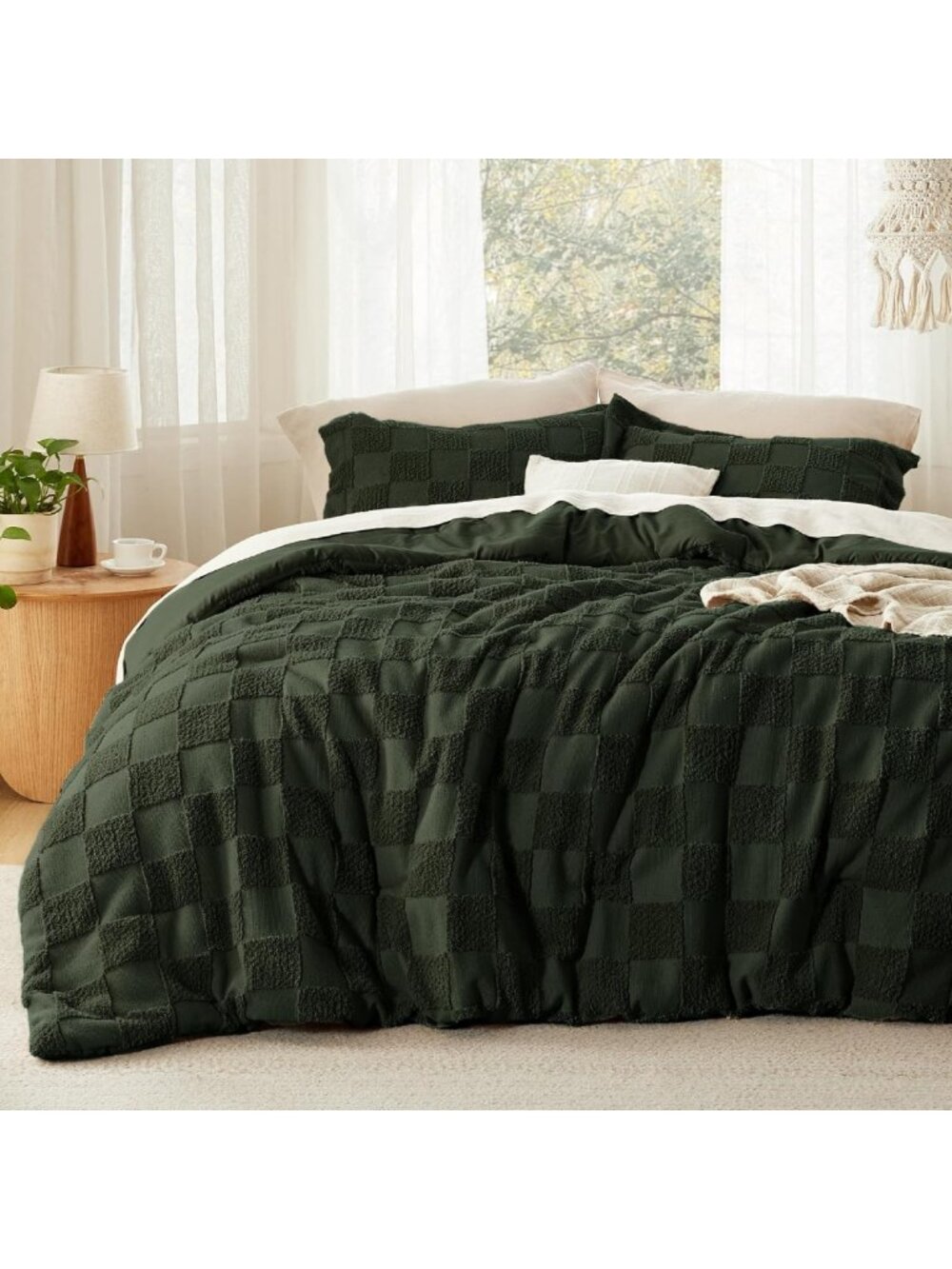 Cozy Dark Olive Green Queen Comforter Set, Boho Plaid 3-Piece Bedding Ensemble